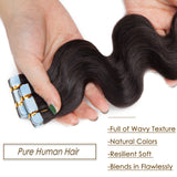 S-noilite 22" Body Wave Human Hair Tape in Extensions 100g 40pcs Invisible Seamless Weft Wavy Tape Extensions Real Hair Double Sided Rooted Remy Human Hair #1B Body Wave-Natural Black