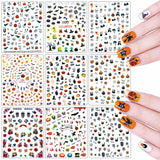 9 Sheets Halloween Nail Art Stickers, Yomiie 3D DIY Nail Decals Manicure Self Adhesive Decoration for All Saint's Day Party Include Pumpkin Bat Skull Ghost Witch Spider for Women Girls