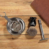 Miusco Men's Wet Shaving Kit, 4 Piece, Badger Hair Shaving Brush, Hand Polished Stainless Steel Shaving Stand, Shaving Bowl & Safety Razor