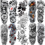 11 Sheets NEZAR Sexy Big Rose Flower Full Arm Temporary Tattoos For Women Compass Clock Fake Tattoo Sticker Long Large Temporary Tattoo Sleeves Tribal Waterproof Twisted Chain Temp Tatoo Paper Skull