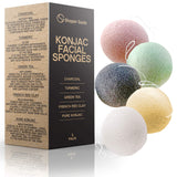 Konjac Sponge (5 Pack) | Natural Eco-Friendly & Reusable | Makeup Remover Pads/Sponge | Facial Exfoliator Wash/Scrub & Skin Cleanser | Charcoal, Turmeric, Green Tea, French Red Clay, Pure Konjac