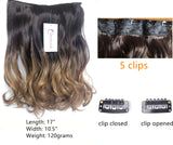 17" 20" 22" 25" Synthetic One Piece Straight Wavy Curly Clip in Ombre Hair Extensions (17Inches Wavy, Dark brown+Honey blonde)