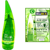 BioRLX 99% Purity Aloe Vera Gel with Collagen and Hyaluronic Acid for Face, Body and Hair & Soothing,Moisture,Sun Burns,Anti-Wrinkle, Anti-Aging,Dry Skin (250 ml + Color Free Lip Balm)