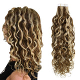 Easyouth Tape in Curly Hair Extensions Human Hair Natural Wave Hair Highlight Color Chocolate Brown Mixed Honey Blonde Hair Extensions Natural Wave 16 Inches 50g 20Pcs
