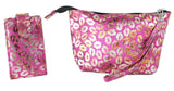 LipStick Carrying Case Combo, 1 Mirrored Pouch that holds 4 Lipsticks and 1 Zippered Wristlet with Elastic that holds 16 fits LipSense, Younique, NuSkin (Magenta with Gold Lips Flip & Wristlet)