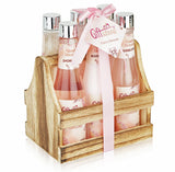 Spa Gift Basket with Cherry Blossom Fragrance, Wooden Cabinet with 6 Bottles, Great Mother's Day Gift, Birthday or Anniversary Gift Set For Women, Includes Shower Gel, Bubble Bath, Body Lotion & More