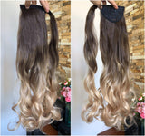 20" 22" Long One Piece Straight Curly Wavy Clip in Wrap around Ombre Ponytail Hairpieces (20" Curly - Chocolate brown to sandy blonde)