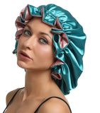 Women Large Satin Bonnet Adjustable Silky Sleep Cap Hair Bonnet Double Layered Reversible for Curly,Natural Hair (XL-ADULT, XL Pink-Green)