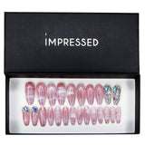 Impressed Luxury Press on Nails 24 pcs Long Fake Coffin Nail Tips Pink Marble Rhinestone Design False Nails with Adhesive Nail Glue Tabs (Pink Marble)