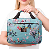 Large Hanging Travel Cosmetic Bag For Women - Travel Toiletry And Cosmetic Makeup Bag With Many Pockets (Turquoise flowers)