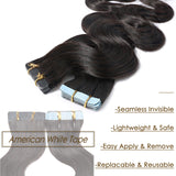S-noilite 22" Body Wave Human Hair Tape in Extensions 100g 40pcs Invisible Seamless Weft Wavy Tape Extensions Real Hair Double Sided Rooted Remy Human Hair #1B Body Wave-Natural Black