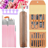 28PCS Nail Art Brushes Manicure tools Pedicure kit Valentine's Day Nail Liner Ombre Brush Nail Painting Design Nail Art Pens Cuticle Removal Tools Scissors Ear Pick Leather Case (Pink)