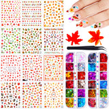 12 Sheets Thanksgivings Nail Decals, 24 Boxes Colored Maple Leaf Holographic Nail Sequins 3D Maple Leaf Nail Art Glitter Sequins Maple Leaves Nail Flakes with Tweezers for Women Nail Art Decoration